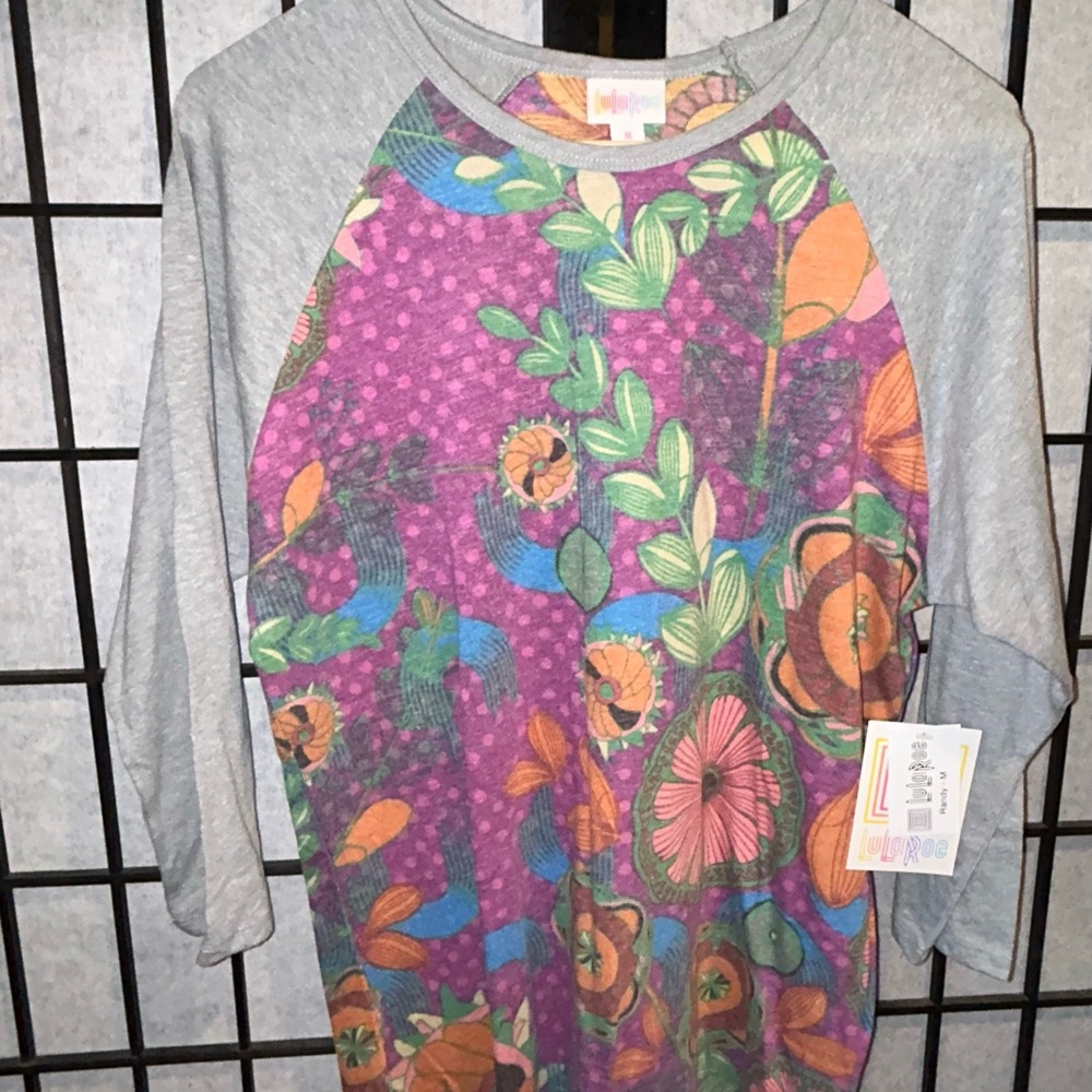 LuLaRoe Gray and Purple Long Sleeve Tee with Vibrant Design NWT